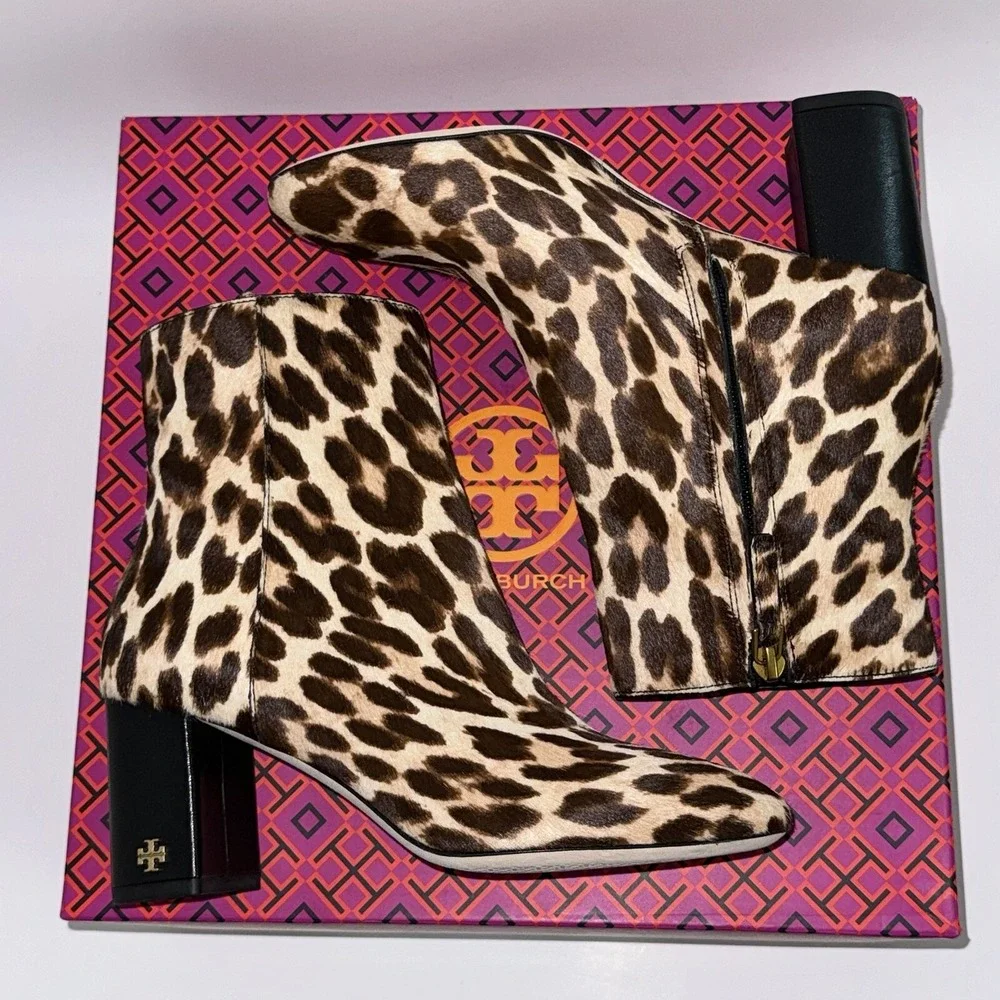 Tory Burch Brooke Bootie Ankle Boots 70MM Round Toe Leopard NEW Women's 6